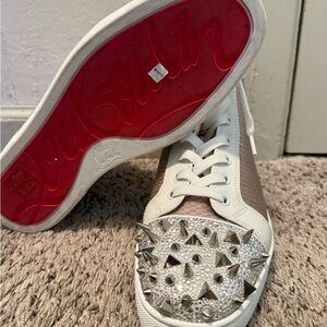 Christian Louboutin White and Beige Crystal-Stud Toe Sneakers